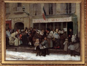 Városi étkezde az 1870-es párizsi ostrom idején, a város poroszok ostromának idején a párizsiak nyüzsögnek a városi kantin előtt. Henri Pille (1844-1897) festménye