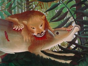 Az Oroszlán éhesen ráveti magát az Antilopra alkotó: Henri Rousseau