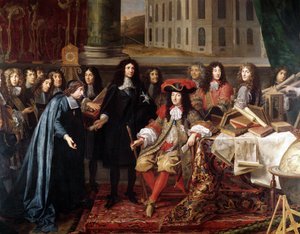 Jean-Baptiste Colbert a Királyi Tudományos Akadémia tagjainak bemutatása XIV. Lajosnak, részlet, 1667 körül (olaj, vászon)