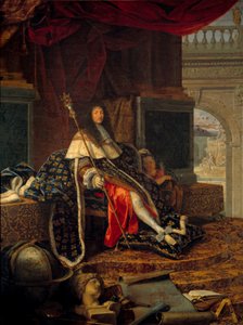 XIV. Lajos (1638-1715) francia király, a Királyi Festészeti és Szobrászati Akadémia védelmezőjének portréja V. Károly jogarával. Henri Testelin (1616-1695) festménye