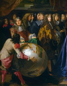 Földgömb, Jean-Baptiste Colbert részlete, aki a Királyi Tudományos Akadémia tagjait mutatja be XIV. Lajosnak 1667-ben, Henri Testelin (1616-1695) olaj, vászon, 348x590 cm, Franciaország