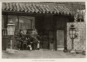 Dong Khanh király (1864-1889) Annam császára, otthona Hue birodalmi városában (Vietnam). Thiriat metszete Dr. Charles Edouard Hocquard (1853-1911) „Trente mois au Tonkin” című történetének illusztrálására, 1885-ben, a Le tour du monde, nouveau Journal de