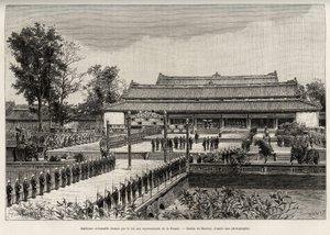 Dong Khanh király (1864-1889), Annam császára ünnepélyes audienciája Franciaország képviselőinek Hue (Vietnam) császárvárosban. Thiriat metszete Dr. Charles Edouard Hocquard (1853-191) „Trente mois au Tonkin” című történetének illusztrálására