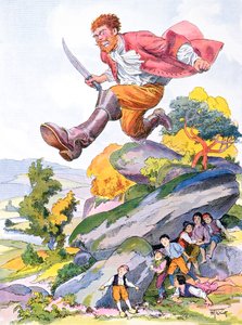 Az ogre Tom Thumbra és testvéreire vadászik, illusztráció a „Tom Thumb” („Le Petit Poucet”) Perrault-i meséhez, 20. század eleje (színes litó)