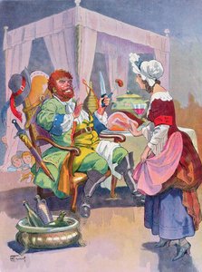 Az Ogre friss emberhúst illat, illusztráció a 20. század eleji perraulti meséhez, a „Tom Thumb” (“Le Petit Poucet”) (színes litó)