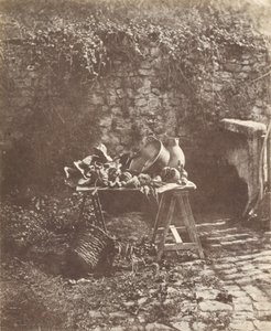Csendélet- Bogrács, kancsó és zöldségek egy bakaasztalon