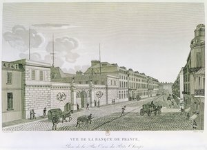 A Bank of France a Rue Croix-Petits-Champs utcáról, Eugene Dubois metszet, 1800 alkotó: Henri after Courvoisier Voisin