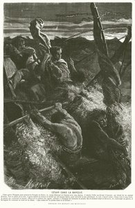 Julius Caesar rabszolgának álcázva felfedi kilétét az Adriai-tengeren való átkelés közben viharba esett csónak legénysége előtt, ie 48 (metszet)