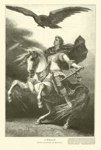 Julius Caesar lóháton, felette parlagi sassal (metszet)