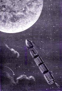 Train of bullets (or projectiles) fired by a giant gun cannon to the Moon, "From the Earth to the Moon" by Jules Verne