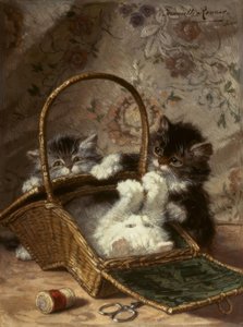 Fiatal macskák varrókosárral alkotó: Henriëtte Ronner Knip