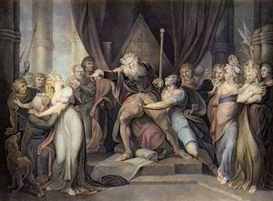 Shakespeare - Lear király - Lear király - I. felvonás I. jelenet - Lear király kiűzi lányát, Cordeliát - metszet Henry Fuseli nyomán