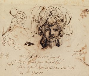 Mrs. Fuseli kidolgozott fejdíszt visel, és tanulmányozza a szemet, a szájat és a törzset (toll és tinta) alkotó: Johann Heinrich Füssli