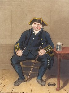 Greenwichi nyugdíjas portréja, ülve, agyagpipával és korsóval (akvatinta) alkotó: Henry (after) Dawe