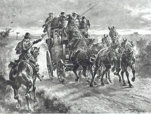 "Állj meg és szállíts", az országúti ember egy postakocsit tart a 19. század elején (litho)