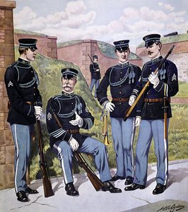 Amerikai gyalogság teljes öltözetben 1902-07, felfegyverkezve 1903-as amerikai táras puskával (színes litográfia)
