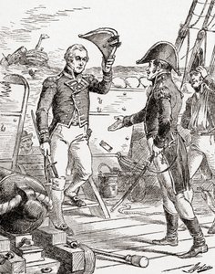 Dacres kapitány a HMS Guerriere-től megadja magát, és kardját kínálja Hull kapitánynak a USS Constitution fedélzetén, miután az 1812-es háború alatt elszenvedett vereséget, az Országunk története című könyvből, 19. alkotó: Henry Alexander Ogden