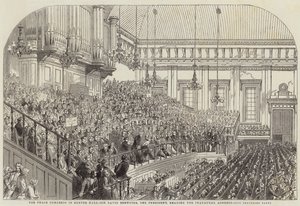 A békekongresszus az Exeter Hallban, Sir David Brewster, az elnök felolvassa a megnyitó beszédet