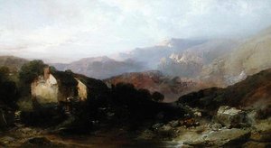 Észak-walesi kilátás Overshot Mill-lel, szarvasmarhákkal és juhokkal (olaj, vászon) alkotó: Henry Bright