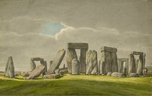 Stonehenge a délkeleti vidékről, romos állapotú kövekkel, 2 látogatóval, 1824-1839 alkotó: Henry Browne