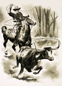 Egy cowboy lasszóval lóháton kötelez egy kormányt