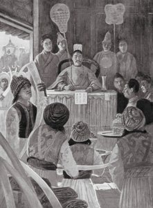 Sziámi követek tisztelegnek a kínai császár előtt (litográfia) alkotó: Henry Charles Seppings Wright