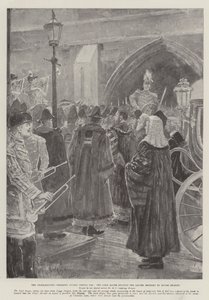 Kikiáltási szertartás a Temple Bar-ban, a Lord Polgármester felolvassa a Rouge Dragon által hozott levelet alkotó: Henry Charles Seppings Wright