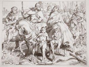 Hereward biztonságba helyezi Alftrudát, illusztráció Charles Kingsley Hereward the Great című művéből, kiad. 1870, metszet: C.G. Lewis (acéllemez-metszet) alkotó: Henry Courtney Selous