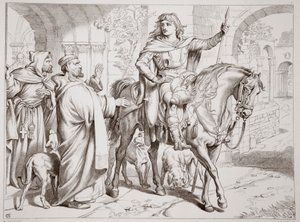 Hereward tájékoztatja a prior nagybátyját, hogy hamarosan törvényen kívül helyezik. Illusztráció: Charles Kingsley, Nagy Hereward, pub. 1870, metszett: C.G. Lewis (acéllemez gravírozás)