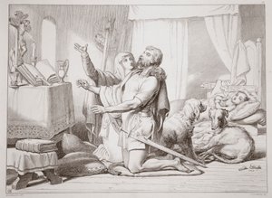 Hogyan tanítja Torfrida Herewardot imádkozni, illusztráció Charles Kingsley Hereward the Great című művéből. 1870, metszet: C.G. Lewis (acéllemez-metszet) alkotó: Henry Courtney Selous