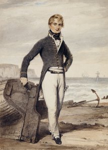 Edward Pocock R.N. portréja, kicsi, teljes hosszában, apálykor egy partra húzott evezős csónak mellett,
