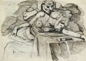 Egy íróasztalnál ájult nő, mögötte egy fenyegető alak alkotó: Johann Heinrich Füssli