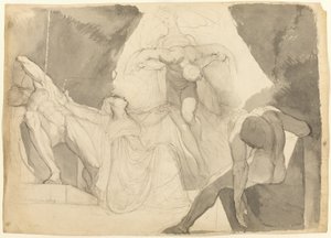 Eeriboia segítségével Hermész elviszi Aloeus alvó fiaitól a kimerült arét (recto); Vázlat Aloeus egyik alvó fiáról (verso) alkotó: Johann Heinrich Füssli