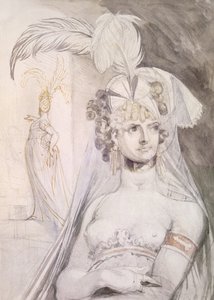 Egy udvarhölgy félfigurája tollal, masnival és fátyollal a hajában, 1800-10 (ceruza, wc és tinta papíron) alkotó: Johann Heinrich Füssli