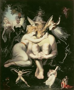Titania Awakes, kísérőtündérekkel körülvéve, elragadtatottan ragaszkodik Bottomhoz, még mindig a szamárfejet viseli, 1793-4 alkotó: Johann Heinrich Füssli
