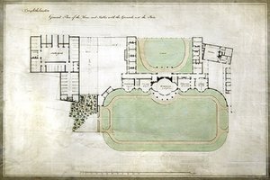 Brighthelmstone vagy Brighton pavilon – a ház és az istállók alaprajza, Henry Holland építész (1745-1806) bővítményével, 1801 körül (akvarell papíron) alkotó: Henry Holland