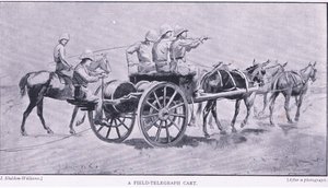 Egy terepi távírókocsi az After Pretoria: The Guerilla War című könyvből, amelyet a Harmsworth Bros Limited adott ki, 1901 alkotó: Henry Inglis Jodrel Sheldon Williams