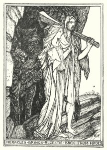Héraklész visszahozza Alkesztiszt Hádészből (litho) alkotó: Henry Justice Ford