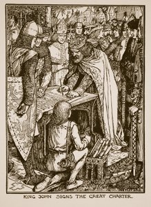 János király a Nagy Chartát énekli, illusztrációja C.R.L. „Anglia története” című művéből. Fletcher és Rudyard Kipling, 1911 alkotó: Henry Justice Ford