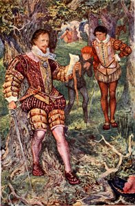 Leicester lefoglalja feleségének, Amynek a levelét, amely Varney megmérgezésére irányuló összeesküvéséről szól. Illusztráció Sir Walter Scott „Kenilworth” című művéből, amelyet 1912-ben adtak ki (színes litó) alkotó: Henry Justice Ford