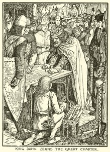 Magna Carta. János király aláírja a Nagy Chartát (metszet) alkotó: Henry Justice Ford