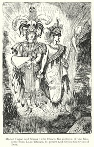 Manco Capac és Mama Ocllo Huaco, a Nap gyermekei, a Titicaca-tóról jönnek, hogy kormányozzák és civilizálják a törzseket ... (litho) alkotó: Henry Justice Ford