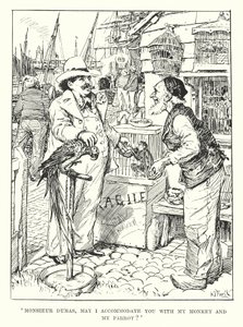 "Monsieur Dumas, fogadhatom önt a majmommal és a papagájommal" (metszet) alkotó: Henry Justice Ford