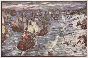 Quiberon Bay, 1759, illusztráció a C.R.L. „Anglia története” című könyvéből. Fletcher és Rudyard Kipling, 1911 alkotó: Henry Justice Ford