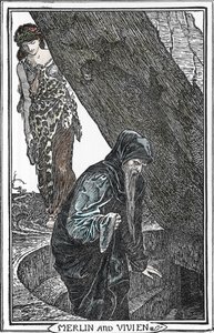 Merlin, a varázsló és Fee Viviane (Merlin anc Vivien) ábrázolása Henry Justice (HJ) Ford (1860-1941) illusztrációja a „The book of romance” című 1902-es gyűjteményi díjból alkotó: Henry Justice Ford