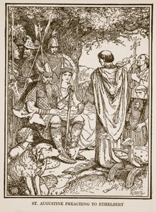 Szent Ágoston prédikál Ethelbertnek, illusztráció az „Anglia története” című könyvéből, C.R.L. Fletcher és Rudyard Kipling alkotó: Henry Justice Ford
