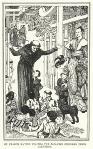 Xavéri Szent Ferenc megtanítja a japán gyerekeket a katekizmusukra (litho) alkotó: Henry Justice Ford