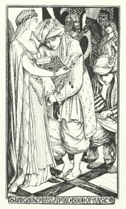Sumi megmutatja Hassannak a mágia könyvét (metszet) alkotó: Henry Justice Ford