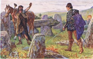 Tresilian szembeszáll a titokzatos patkolókovácssal, illusztráció: Kenilworth, 1910 körül alkotó: Henry Justice Ford