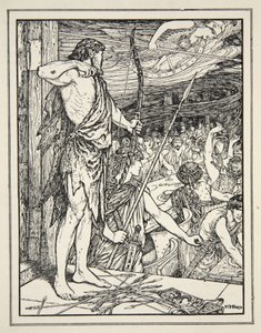Ulysses lövi az első nyílvesszőt a Wooers-re, Andrew Lang „A görög tenger meséiből” alkotó: Henry Justice Ford